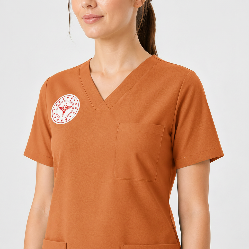 Sebat® 4Stretch™ Orange Ochre Forması Kumaş ve V Yaka Detay Görünümü