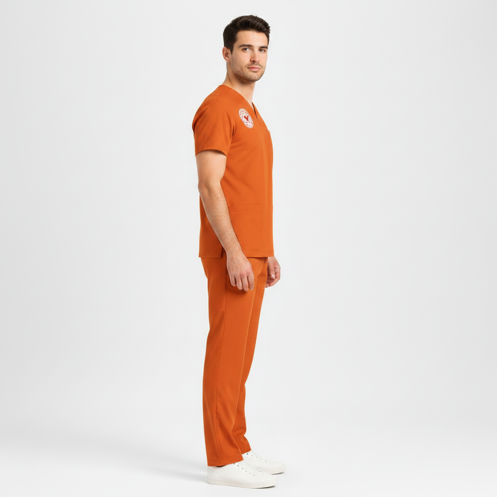 Esnek kumaş yapısına sahip Orange Ochre turuncu erkek klinik destek scrubs takımının yan profilden görünüşü