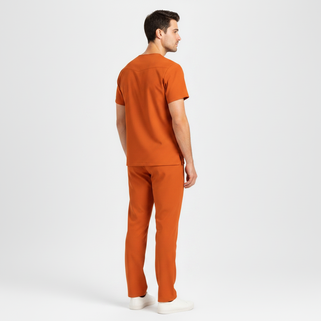 Erkek klinik destek personeli medikal giyim üniforma üst ve pantolon Orange Ochre turuncu arka görünümü